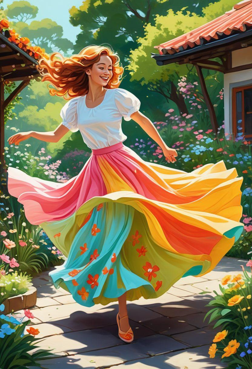 A whimsical and playful scene featuring a lively outdoor setting with colorful skirts flowing in the breeze. The composition highlights dynamic angles and perspectives that evoke a sense of fun and spontaneity, with hints of vibrant nature in the background. Include cheerful characters engaged in playful antics, emphasizing the art of capturing moments. The atmosphere should be light-hearted and artistic. vibrant colors. vector art.