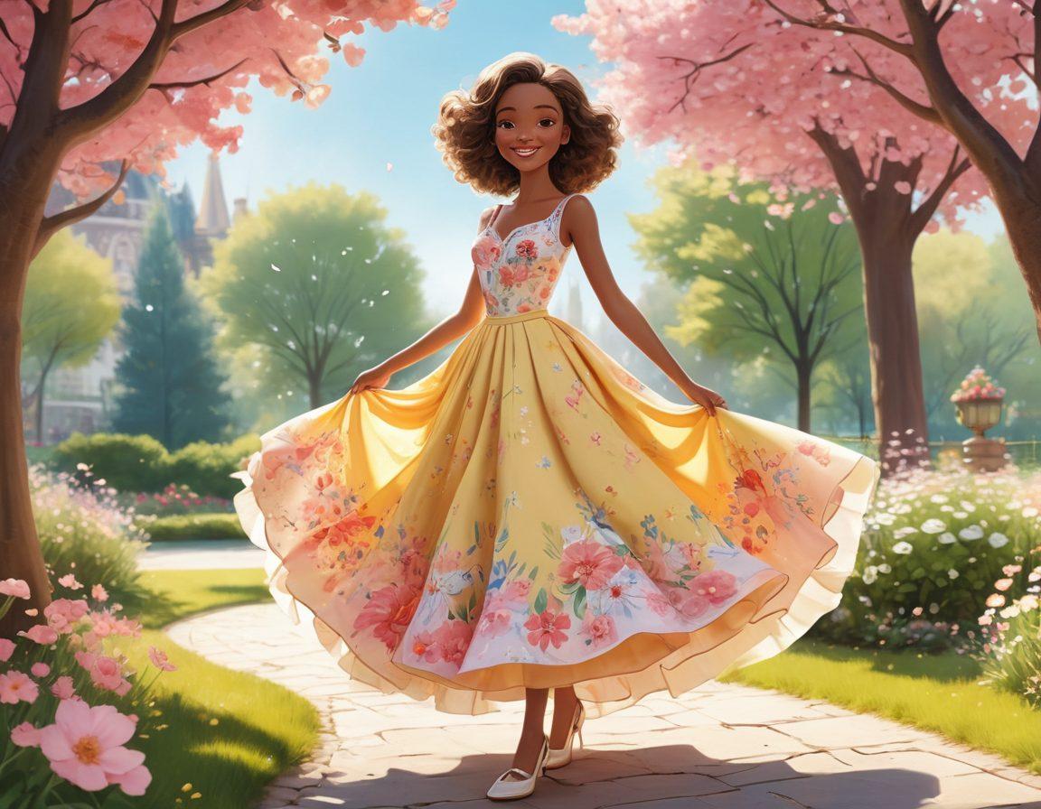 A whimsical yet tasteful illustration of a playful breeze lifting the hem of an elegant, flowing skirt, revealing a hint of patterned fabric underneath. The scene is set in a sunlit park with blooming flowers and softly falling petals, embodying a sense of cheeky charm and delight. A cartoonish character, embodying confidence and grace, stands with a playful smirk, perfectly capturing the essence of discreet exposure. Whimsical style, vibrant colors, soft focus.
