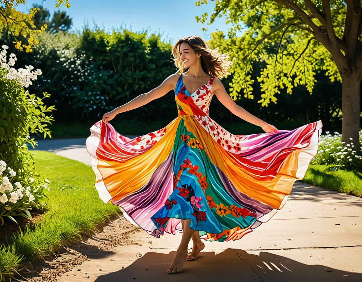 A vibrant outdoor scene where a carefree woman in a flowing dress twirls, revealing a glimpse of her playful spirit. The background features a sunny park with blooming flowers and a clear blue sky, enhancing the sense of joy and freedom. Soft light filters through the leaves, casting playful shadows. The overall feeling should evoke sensuality yet maintain a sense of fun and innocence. super-realistic. vibrant colors. 3D.